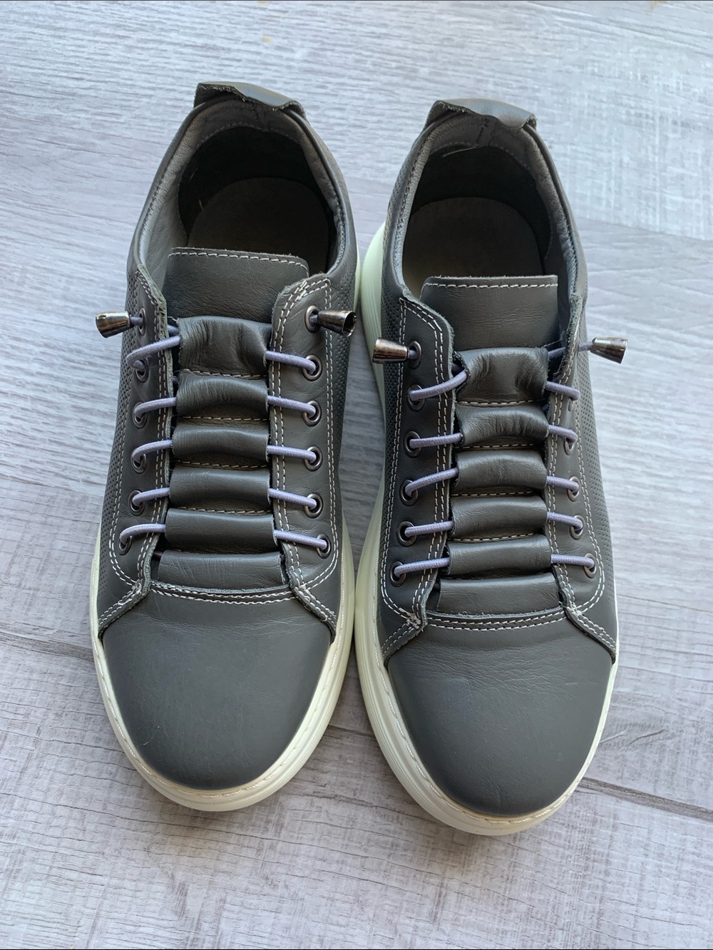 Gelato Gray Leather Sneakers with White Soles, Size 37.